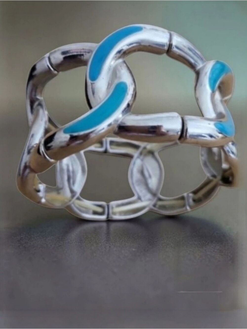 Silver Tone Turquoise Enamel Chunky Link Stretch Bracelet Statement